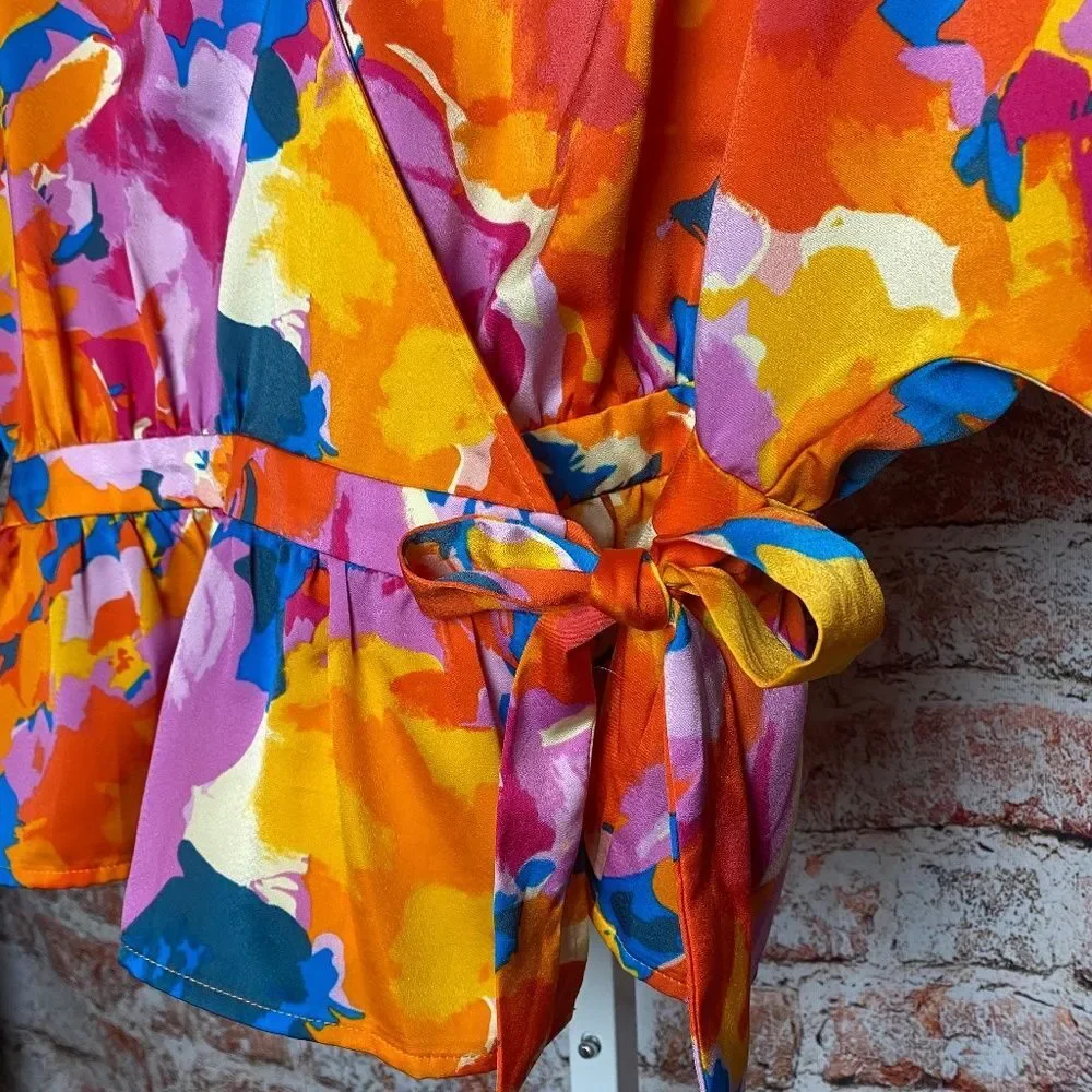 Womenʻs Brightly Colored Floral Wrap Blouse Medium